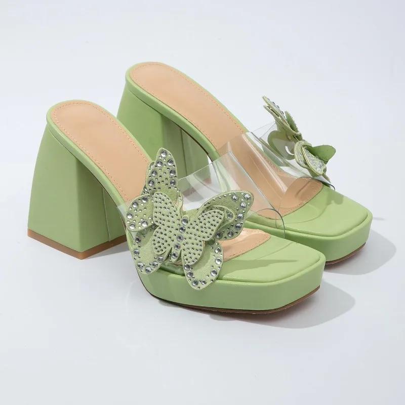 

Fashion Crystal Pearl Butterfly Bling Sandals Chunky Heel Platform 9.5cm High Heels Slip On Clear PVC Women Slipper Fashion Shiny Slides 42 зелёный
