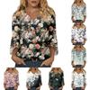 Women’s Casual Floral Print V Neck Three Quarter Sleeve Loose Fit T Shirt Lightweight Pullover Top for Daily Wear