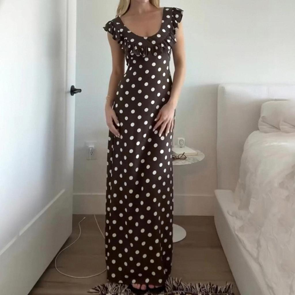 2026 Elegant French Polka Dot Ruffle Dress - Slimming, Backless U-neck with Romantic Drape