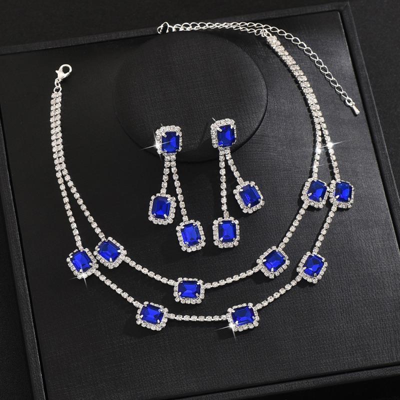 Zircon Square Fringed Earrings, Royal Style Earrings and Necklace, Luxurious Wedding Accessory