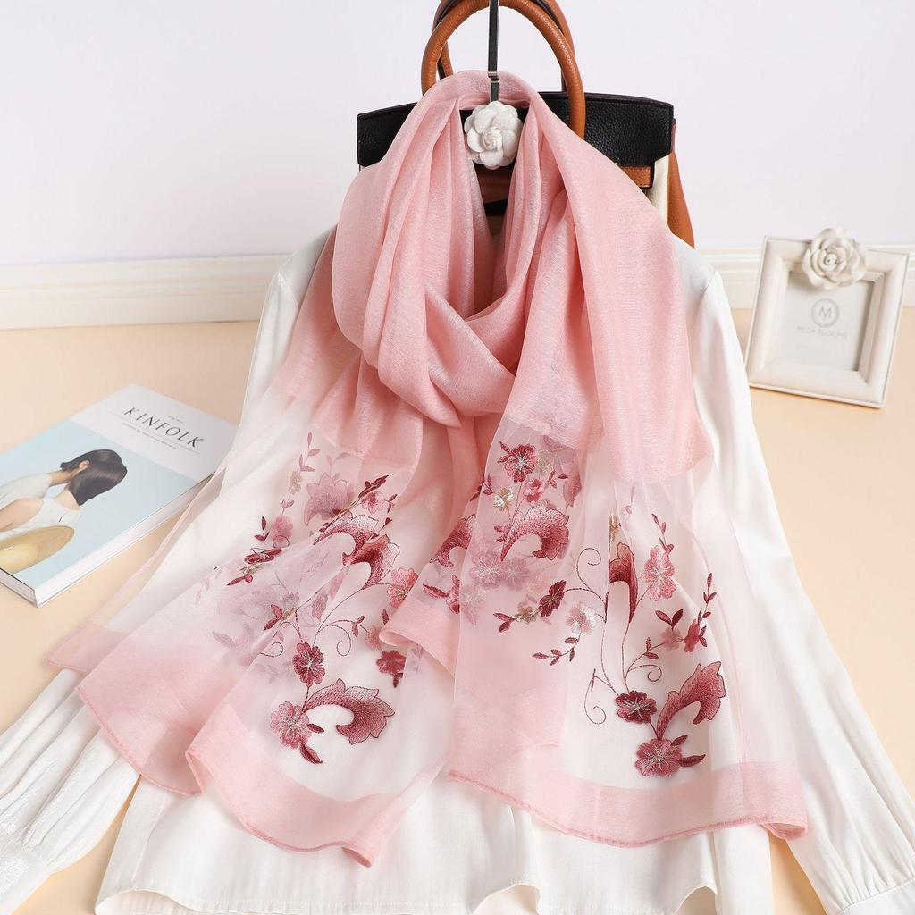Silk Women Scarf Warm Wool Shawls Lady Wraps Floral Pashmina Embroidery Scarves Foulard Hijab  Long Female Hair Bandana