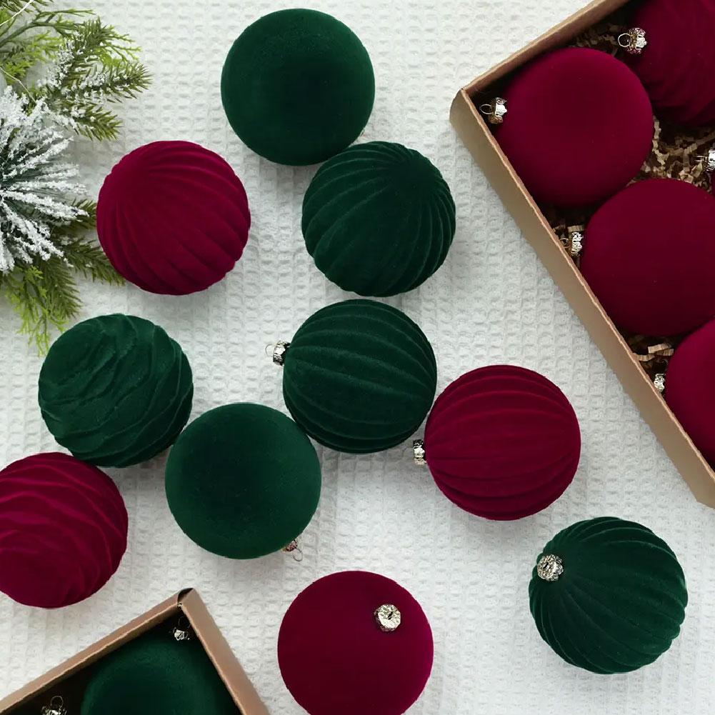 Velvet Christmas Balls Green 12pcs Flocked Christmas Tree Ornaments Assortment for Xmas Tree Holiday Decor