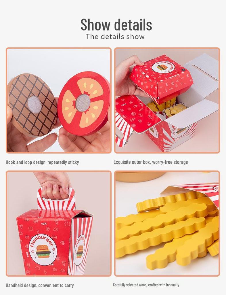Children's Wooden Hamburger & Fries Pretend Play Set - Kitchen Game Gift for Boys & Girls