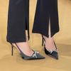 Spring new black high heels pointed temperament beautiful rhinestone bow empty word with sandals