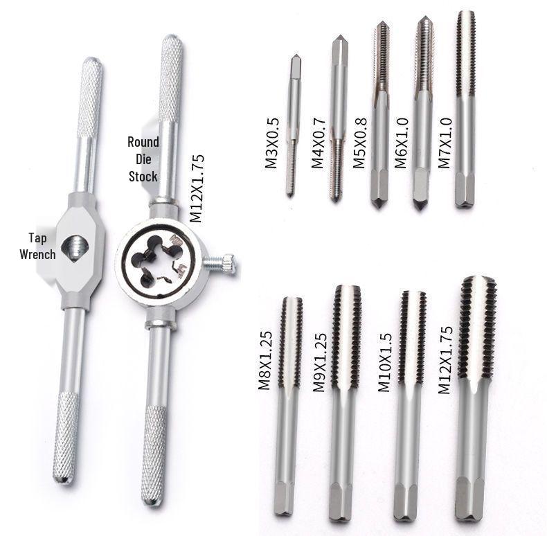 Hand Threading Tap & Die Set with Tapping Drill Bit and Wrench