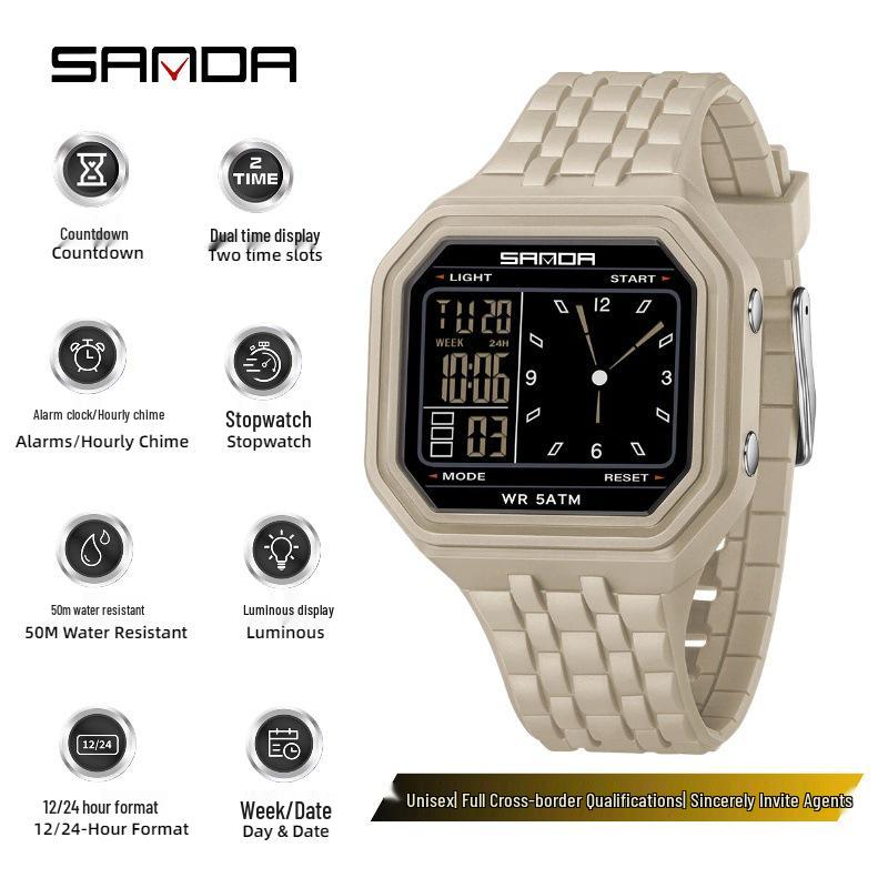 SANDA Unisex Fashion Square Multifunctional Wristwatch – Waterproof, Alarm, Electronic Timer.