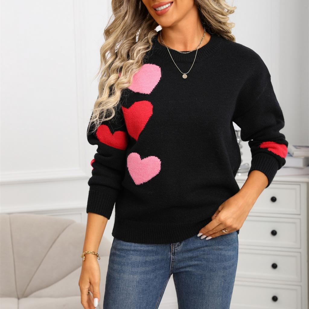 Damski modny sweter w kształcie serca, luźny i wszechstronny sweter dziergany na Walentynki