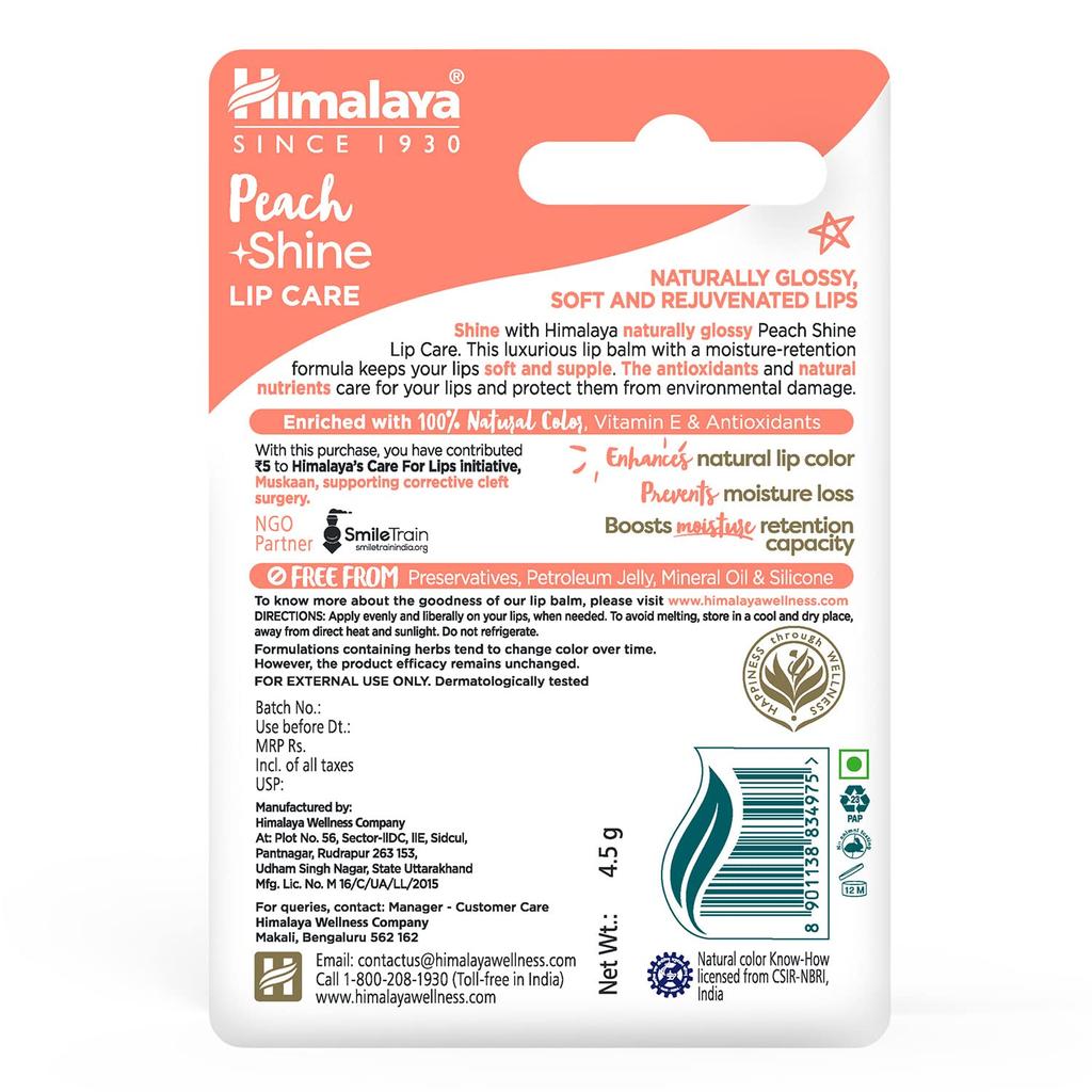 Himalaya Peach Shine Lip Care 4.5g Moisturizing Lip Balm With Natural Gloss & Vitamin E For Soft Supple Lips