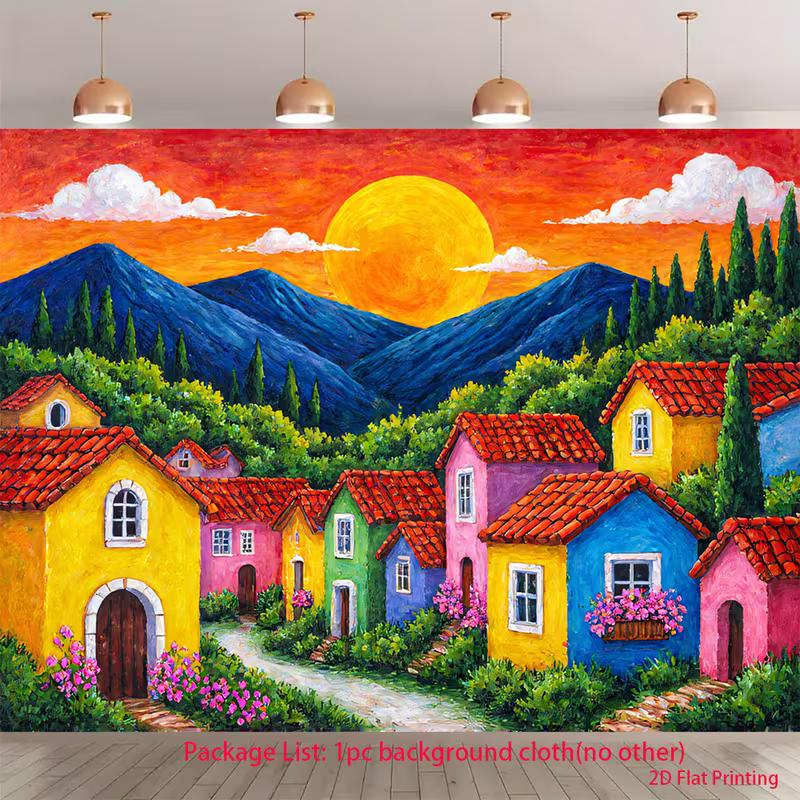 2D Whimsical Sunset Village Photography Backdrop 47.2x31.5inch/120*80cm