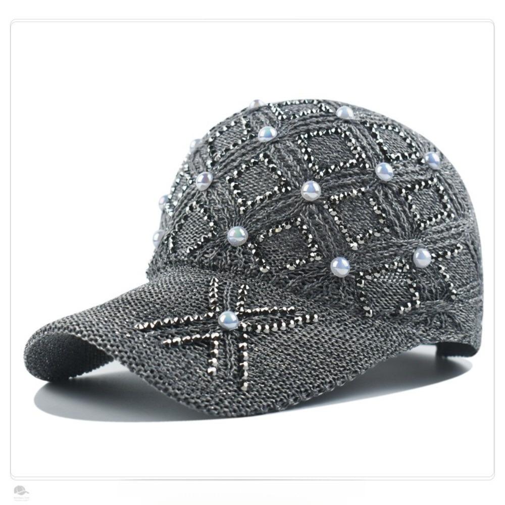 Hollow Knit Design Rhinestone Pearl Sun Hat Hand Rhinestone Decor Korean Trendy Cap Daily Wear 4
