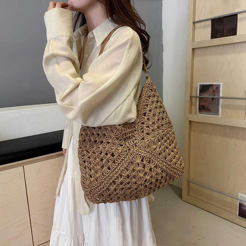 Sommer Stroh Stricktasche Aushöhlen Tragetasche Einfarbig Strand Schultertasche Urlaubsreise Handtasche Boho Schultergeldbörse für Damen