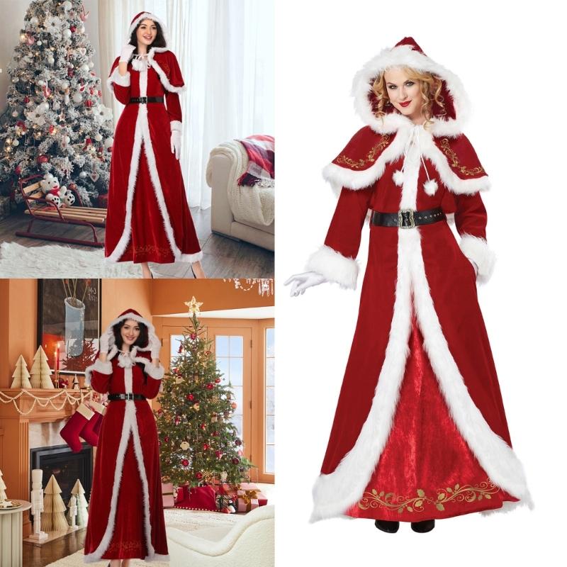 Santa Costume Mrs Santa Christmas Costume Woman Outfit Christmas Long Dress New Year Party Set