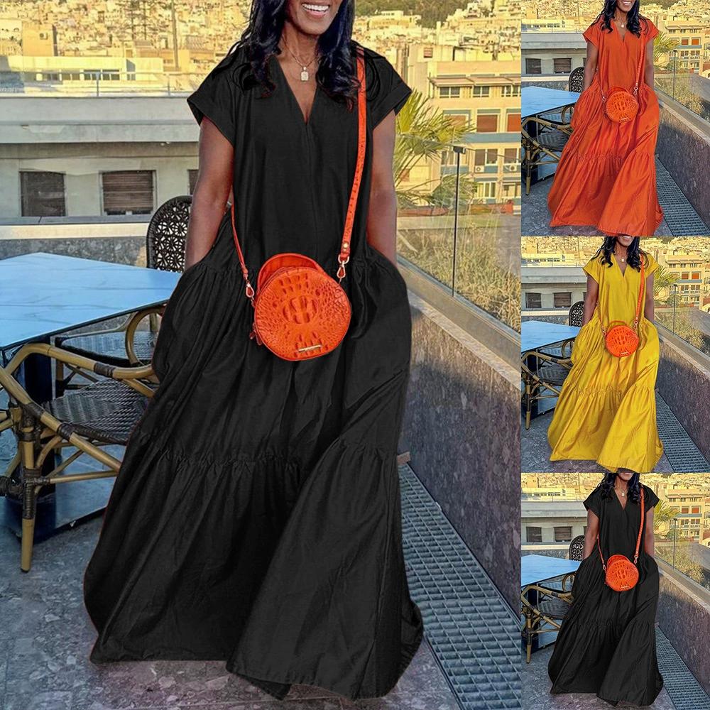 

Women s Summer Long Dress V-Neck Short Sleeve Maxi Dress Loose Solid Color Irregular Swing Pocket Dress S жовтий