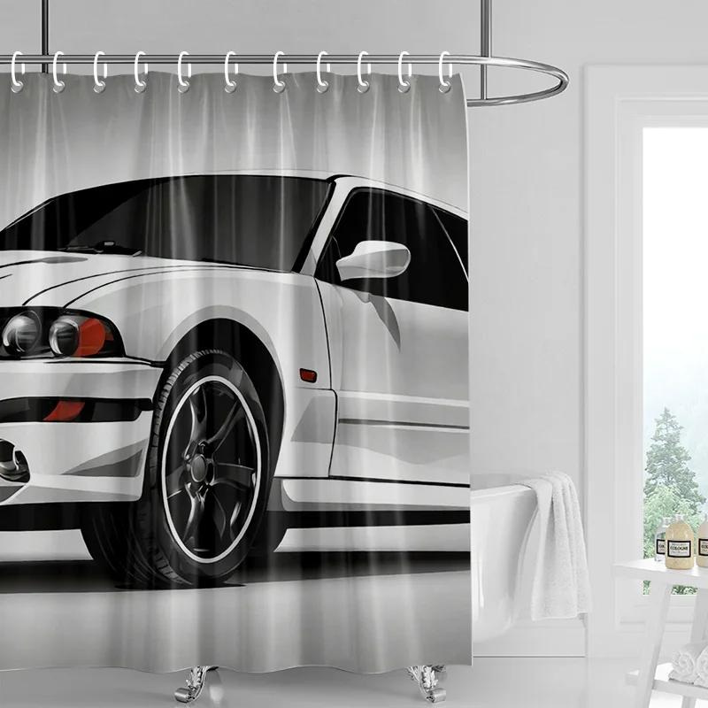 

Car Pattern Shower Curtain Waterproof Bathroom Partition Curtain Bathroom Shower Curtain Hooks W60H190(CM)-1 Pcs