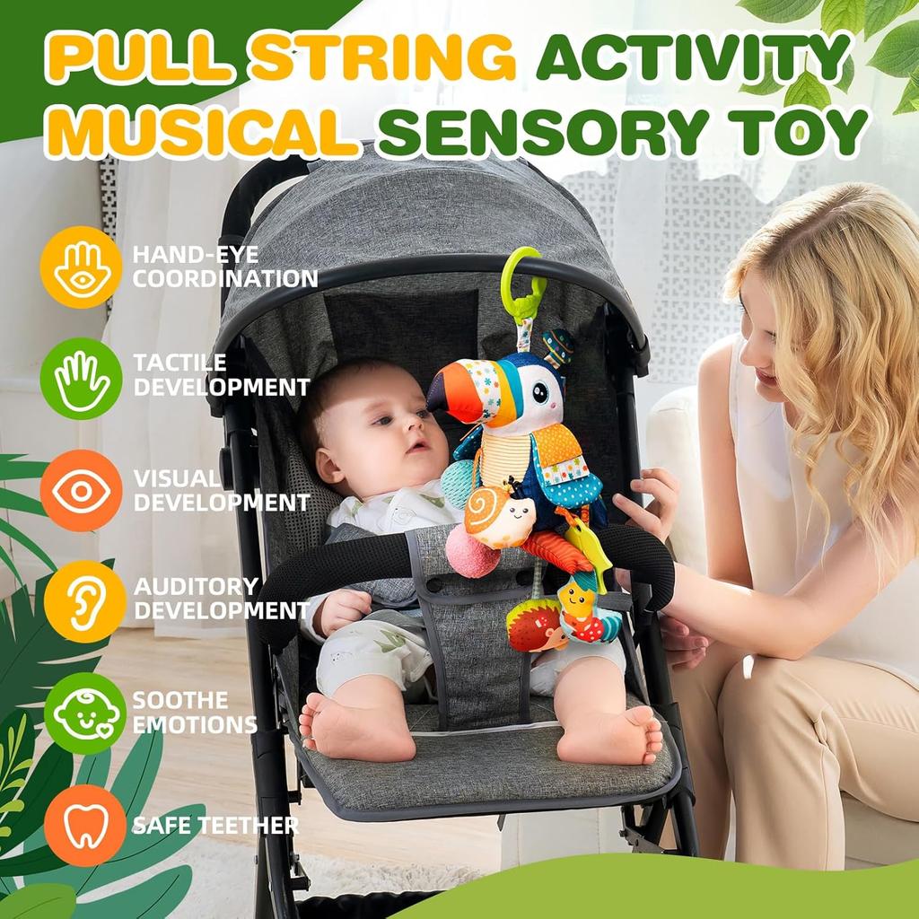 Jollybaby Musical Activity Pull String Hanging Toy for Baby Stroller Car Seat Crib Play Gym, Plush Stuffed Toucan Toy for Carseat with Music Teether
