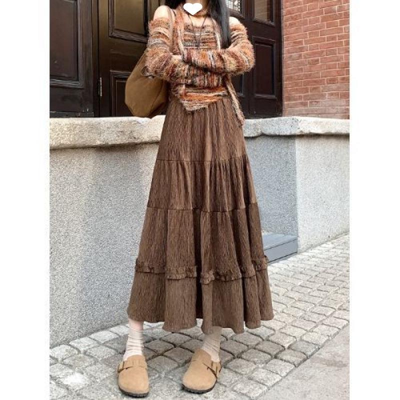 

Women s High Waist Corduroy A-Line Mid-Length Skirt with Lace - Autumn/Winter 2025 S, recommended 90-95 jin кофейный