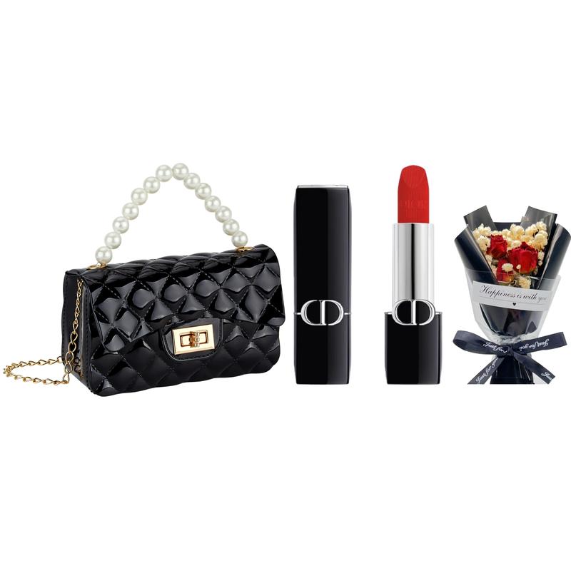 Парфюм DIOR #999 3,5 г бархатный строгий костюм + букет роз с гипсофилой + жемчужная сумочка синий