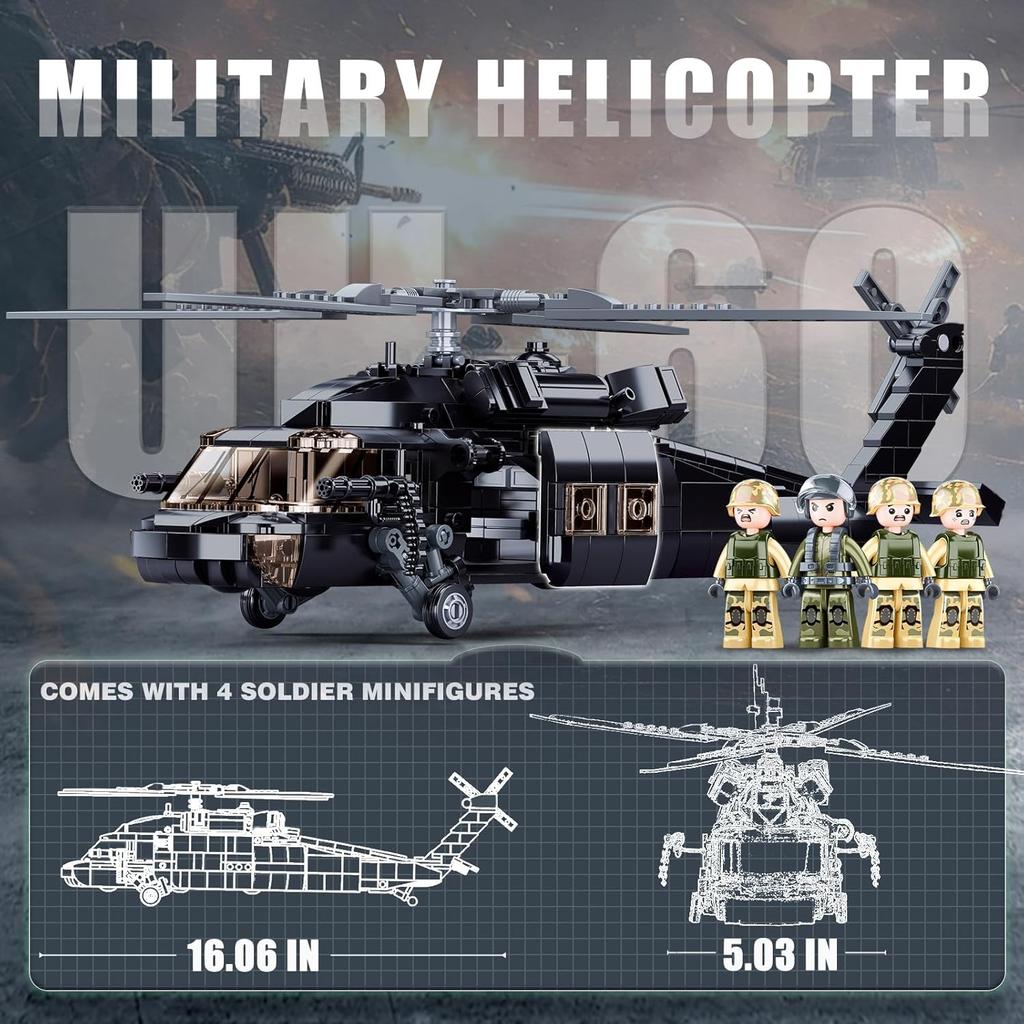 UH-60 Helicopter Black Hawk Model, Military Army Airplane Building Set, Helicopter Toy Kits Including 4 Soldier Minifigures, Gifts for 6-12 Year Old