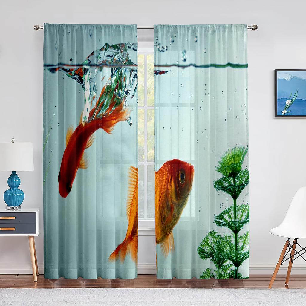 Pond Goldfish Flowers Leaves Colorful Sheer Curtain for Living Room Bedroom Voile Drape Kitchen Window Tulle Curtains Home Decor