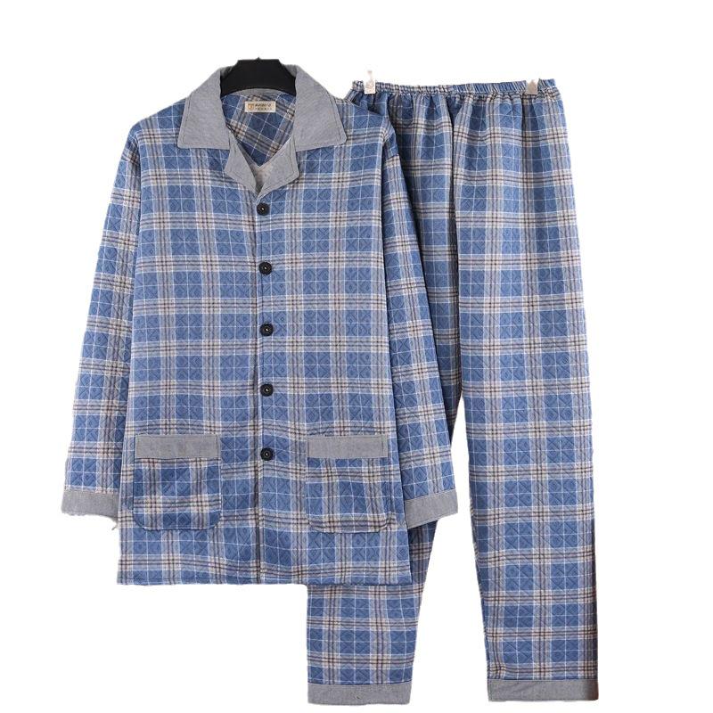 Men's Cotton Plaid Pajamas - Long-Sleeved Cardigan, Lapel, Plus Size, Perfect for Autumn and Winter.