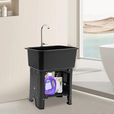 Utility Sink Space Saver Laundry Tub with Faucet, Freestanding Laundry Sink Garage Sink with Storage Shelf (Black)