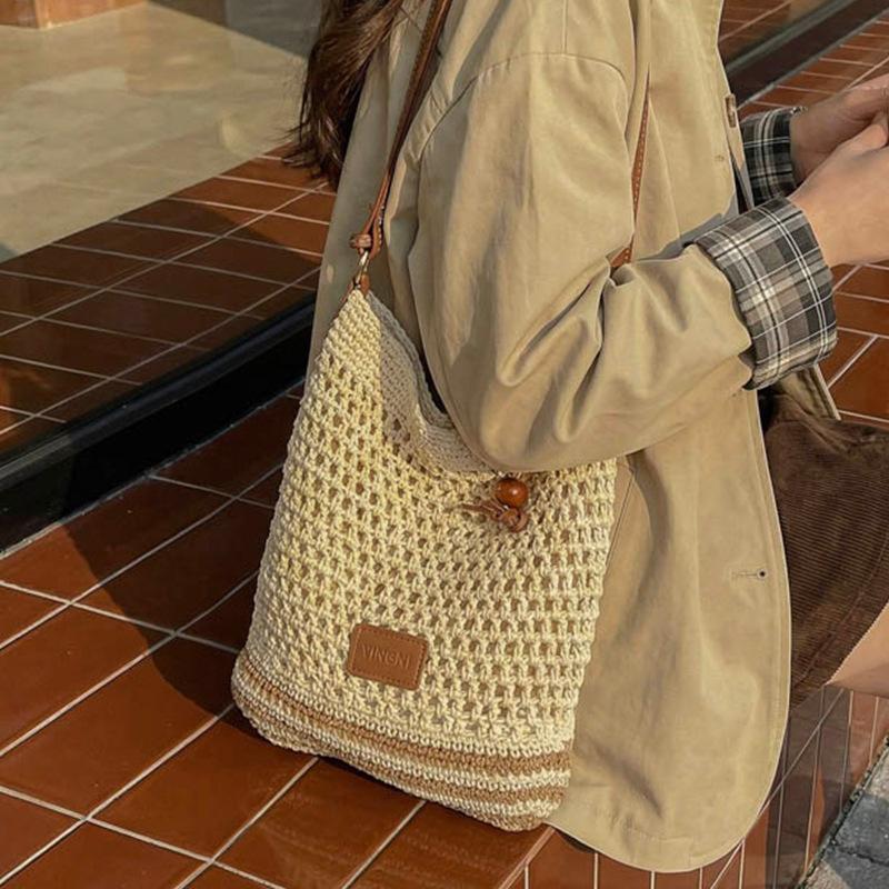 Grid-eye Hollowed-out Interwoven Knitted Large-capacity Shopping Bag with Shoulder Strap and Side Carry for Women