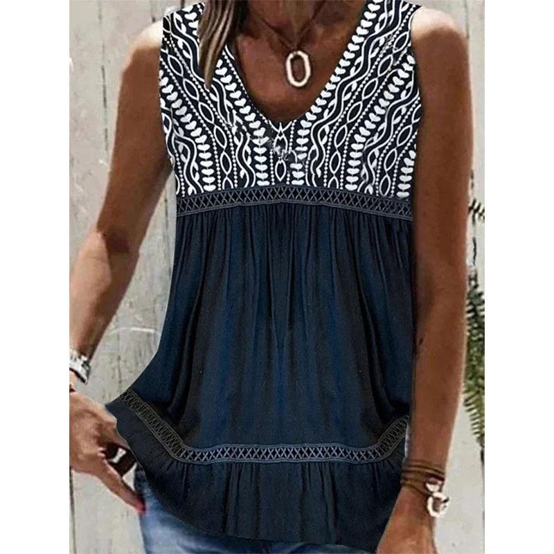 Summer Lace Patchwork Sleeveless Loose Blouse Women Tops V Neck Pleated Elegant Plus Size Shirts for Women Fashion Print Simple Blouses 24530