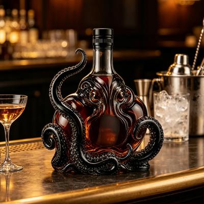 3D Octopus Whiskey Decanter, Nautical Art Collectible Whiskey Bottle, 350ml Glass Decorative Liquor Bottle, Home Bar Decanter for Spirits Whiskey
