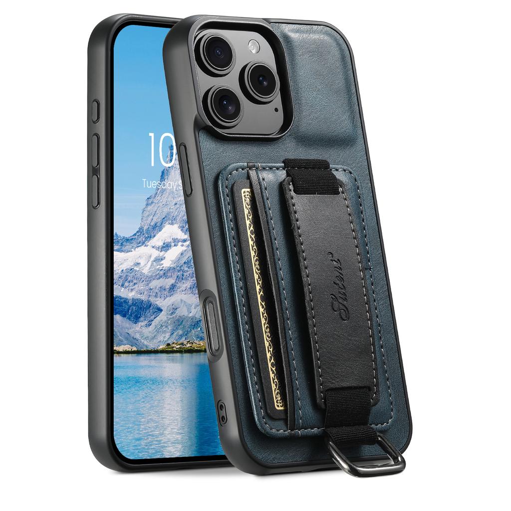SUTENI H13 For iPhone 16 Pro Max Case Card Holder Wristband Waxy Texture Leather+TPU+PC Cover