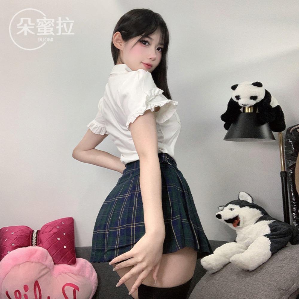 Domila JK College Style Sexy Uniform Suit Girls Pleated Skirt Fungus Lace Shirt Sex Underwear F636
