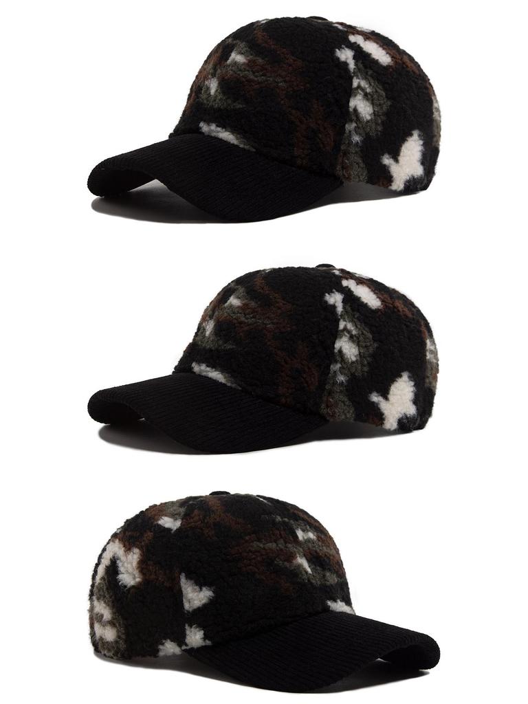 Camouflage Lammwolle Baseballkappe - Unisex Herbst/Winter Warme Entenschnabel Sonnenhut
