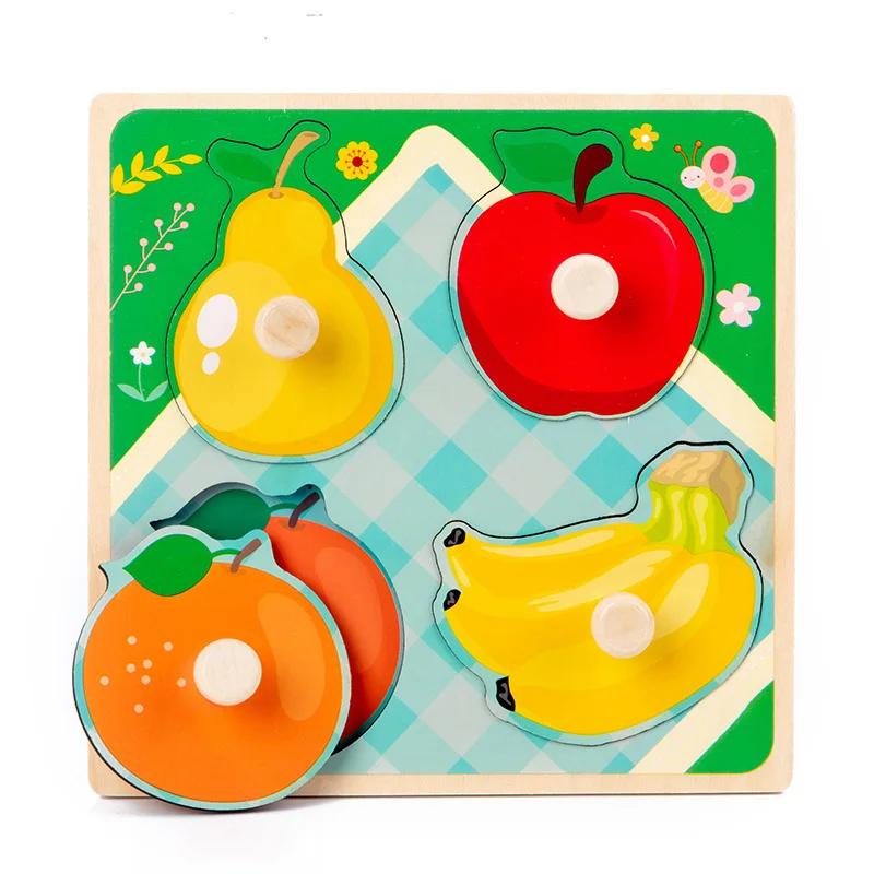 Montessori Baby Spielzeug 3D Holzpuzzles Kinder Handkratzbrett Puzzle Kinder Frühes Lernen Bildung Obst Kognitives Spielzeug