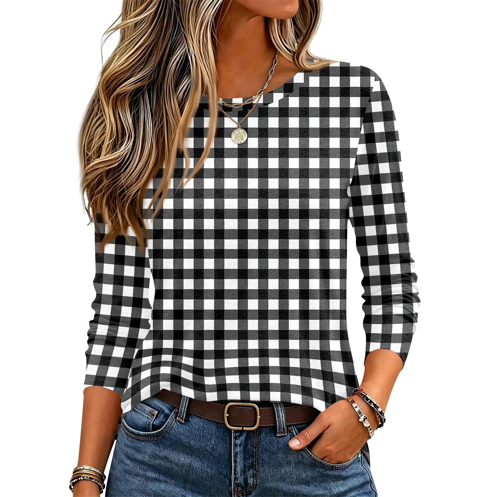 Women s Fashion Striped Plaid Print Long Sleeve Pullover Top with Round Neck XXXL