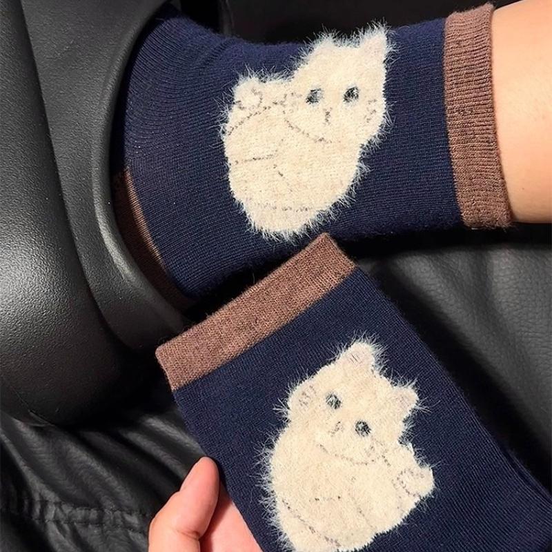 Fashion Kawaii Dog Socks Winter Warm Cartoon Cute Dog Cat Animal Mid-tube Stockings for Women Girls Home Sleep Sockings Gifts