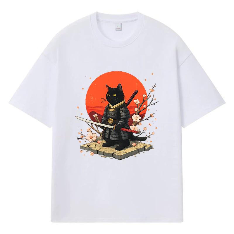 2026 Black Cat Samurai Printed Graphic Y2k Harajuku Streetwear 100% Cotton T Shirt Casual Oversized Summer Men T-shirt