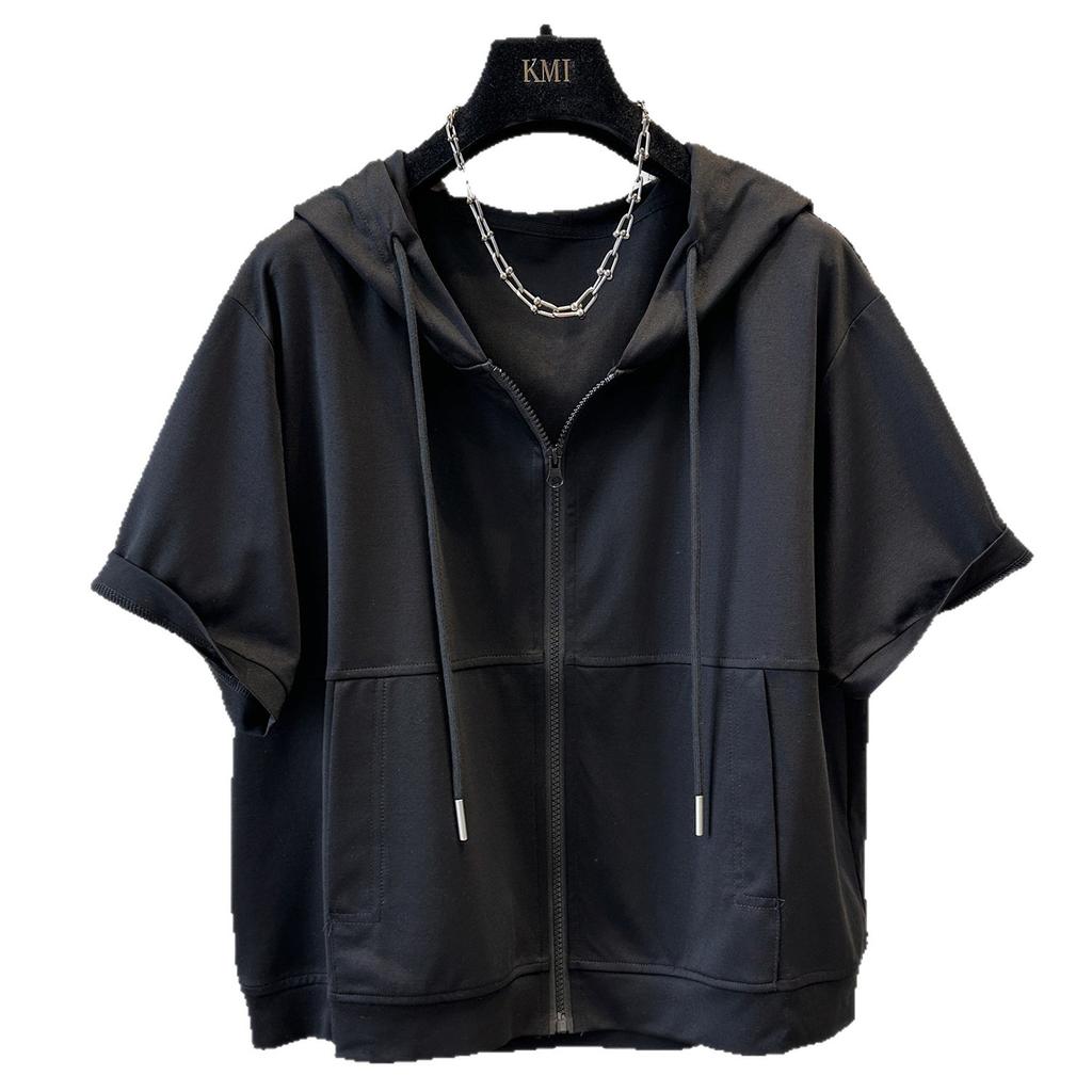 Large Size Solid Color Hooded Cotton Short-sleeved T-shirt Women's Loose Versatile Zipper Cardigan Jacket Pure White Loose Dropped Shoulder
