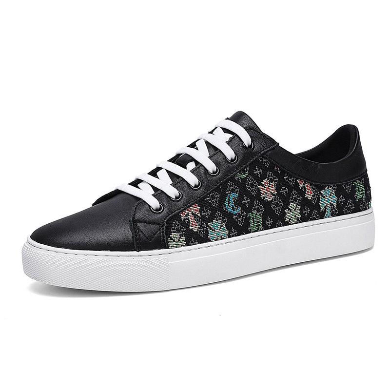 New Men Genuine Leather Casual Shoes Trend Canvas Print Flat Skate Shoes Young Man Cool Loafers