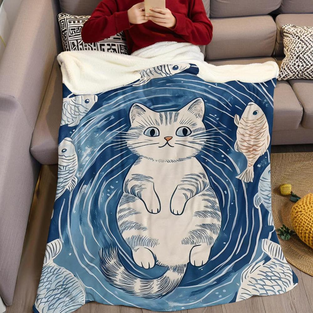 Cat & Fish School Flannel Blanket Warm Soft Halloween Christmas Couch Warm Cozy Decorative Decor Gift for All Season