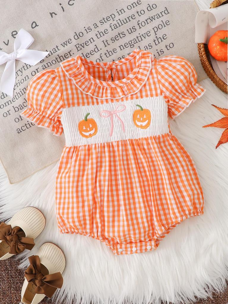 Pumpkin Short Sleeve Bodysuit with Lotus Leaf Collar and Bow