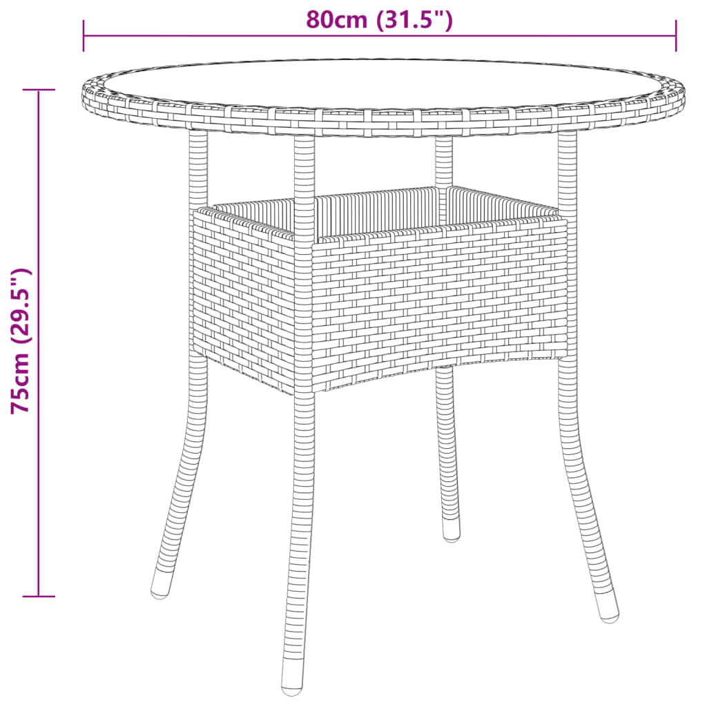 Vidaxl Stolik Ogrodowy, Ø80X75 Cm, Szkło Hartowane I Rattan Pe, Beżowy