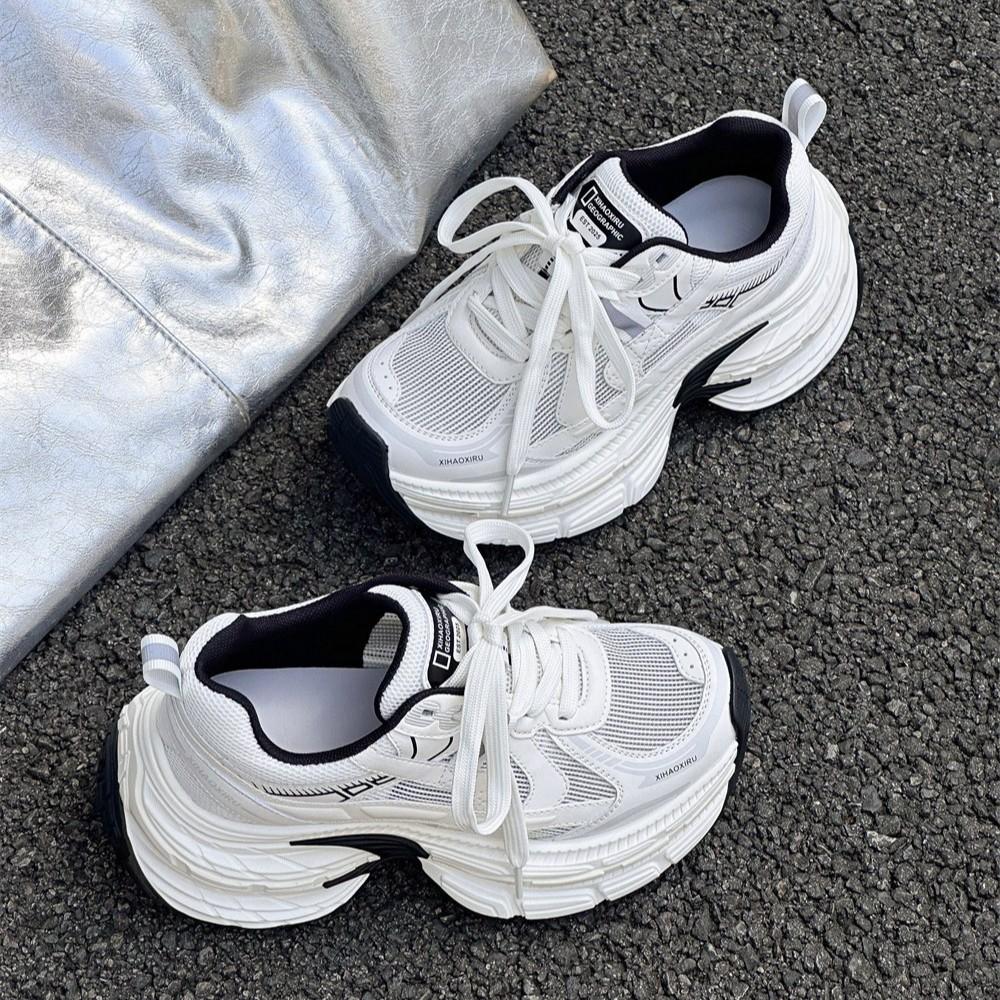 Thick-soled Paris Daddy Shoes Women's 2025 Summer New Leather Mesh Small Man Height Increase Breathable Mesh Casual Sports Shoes