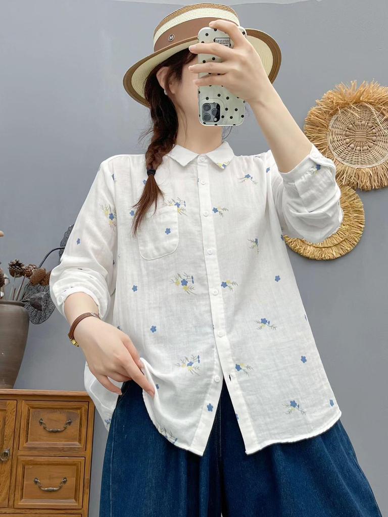 Women's Floral Print Double-Layer Cotton Gauze Long Sleeve Plus Size Shirt: Stylish, Age-Reducing, Loose Fit for Spring and Autumn