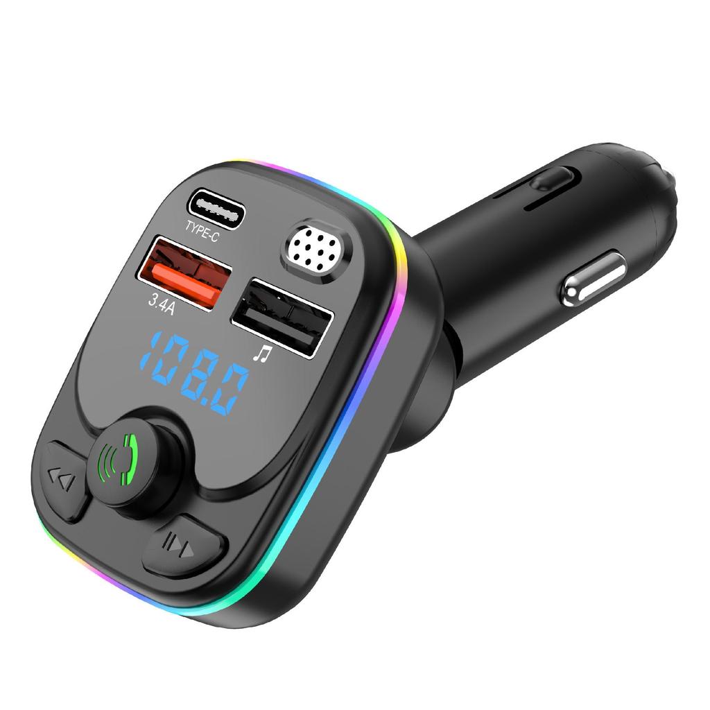 Bluetooth 5.0 Car FM Transmitter PD Type-C Dual USB Ambient Player Car MP3 Charger Type-C Wireless Light 18W Handsfree PD QC3.0