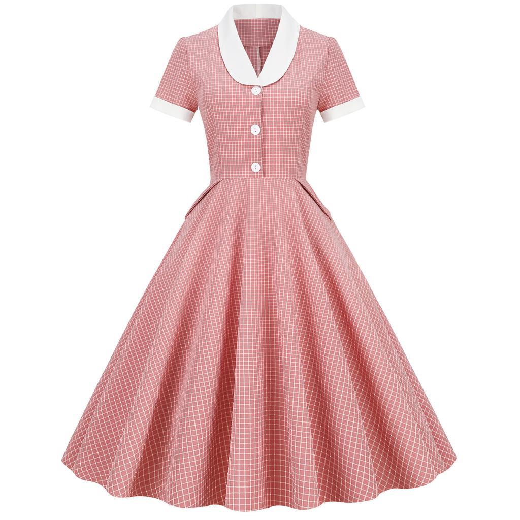 Hepburn style retro plaid skirt, court waist light dress, contrasting colors, understanding performance clothes, large pendulum medium and long dress