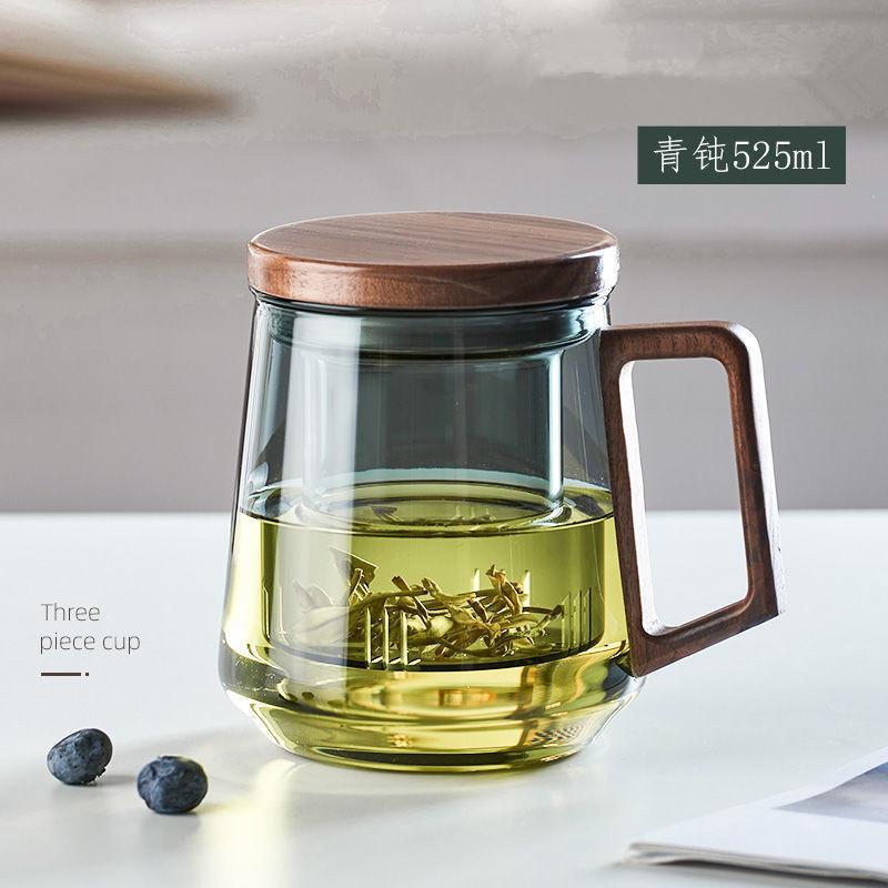 

Деревянная ручка Высокоборосиликатное термостойкое прозрачное стекло Чайная чашка с разделением чая Дымчато-серое стекло Чашка из трех частей для зеленого чая Round Fun Three-piece Cup--Soot 525ml