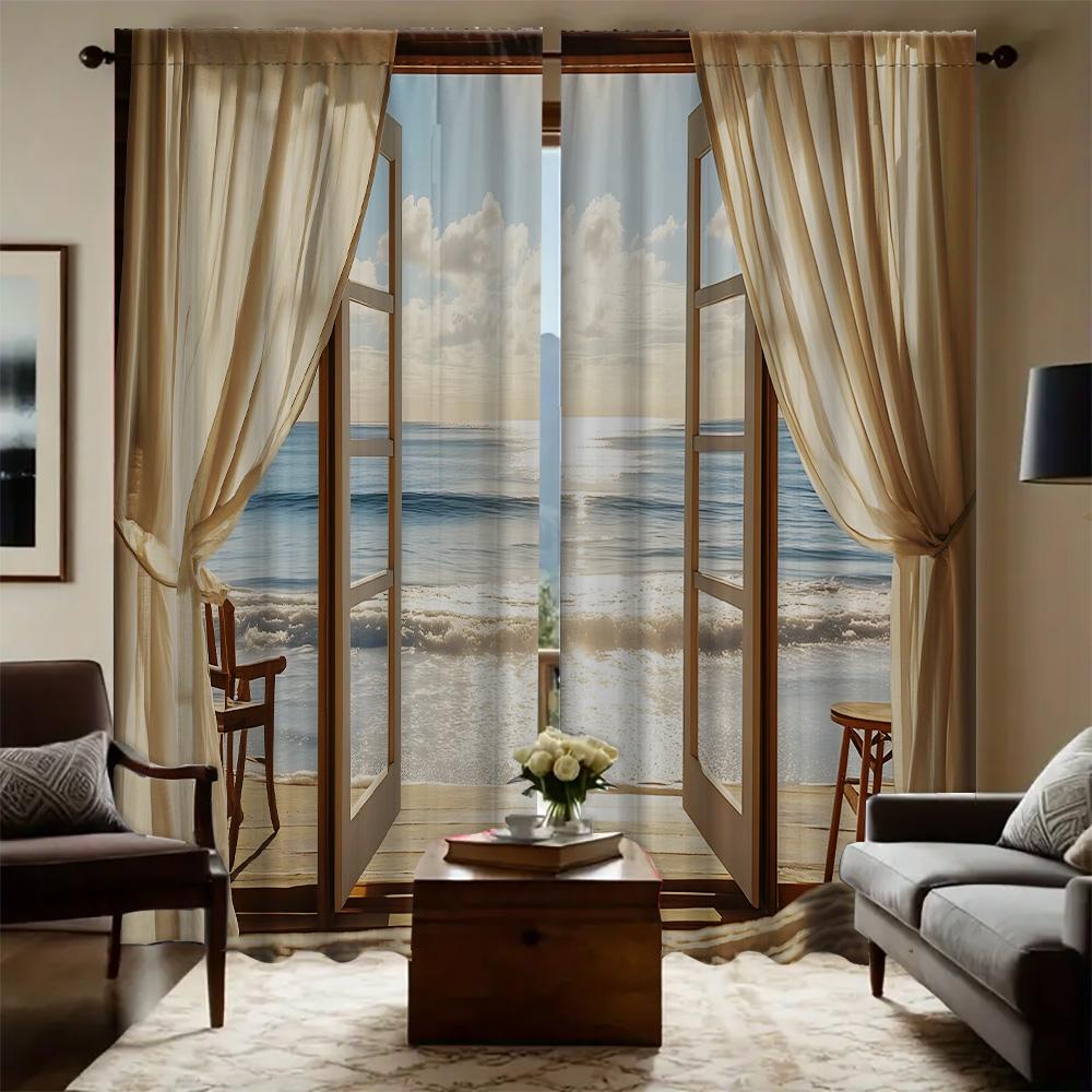 

2 шт. Домашние шторы с видом на море и кокосовые пальмы, с пейзажным фоном и карманом для карниза, для кухни, кофейни, гостиной, B 75x166cm