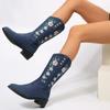 Flower Embroider Mid Calf Cowboy Boots Women  Autumn Chunky Heels Western Boots Woman Plus Size Pointed Toe Denim Long Boots