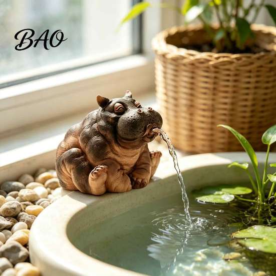 Weather Resistant Hippo Ornament Water Spitting Hippopotamus Figurine, Realistic Resin Statue, Animal Spraying Decor Fountain Sculpture for