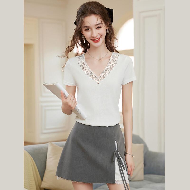 French Elegant Lace Trim V-Neck Short Sleeve Women s T-Shirt M
