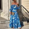 YYFS Women's Fashion Summer Spring Flower Pattern Print 1/2 Sleeves One Shoulder High Waist  Casual Dresses